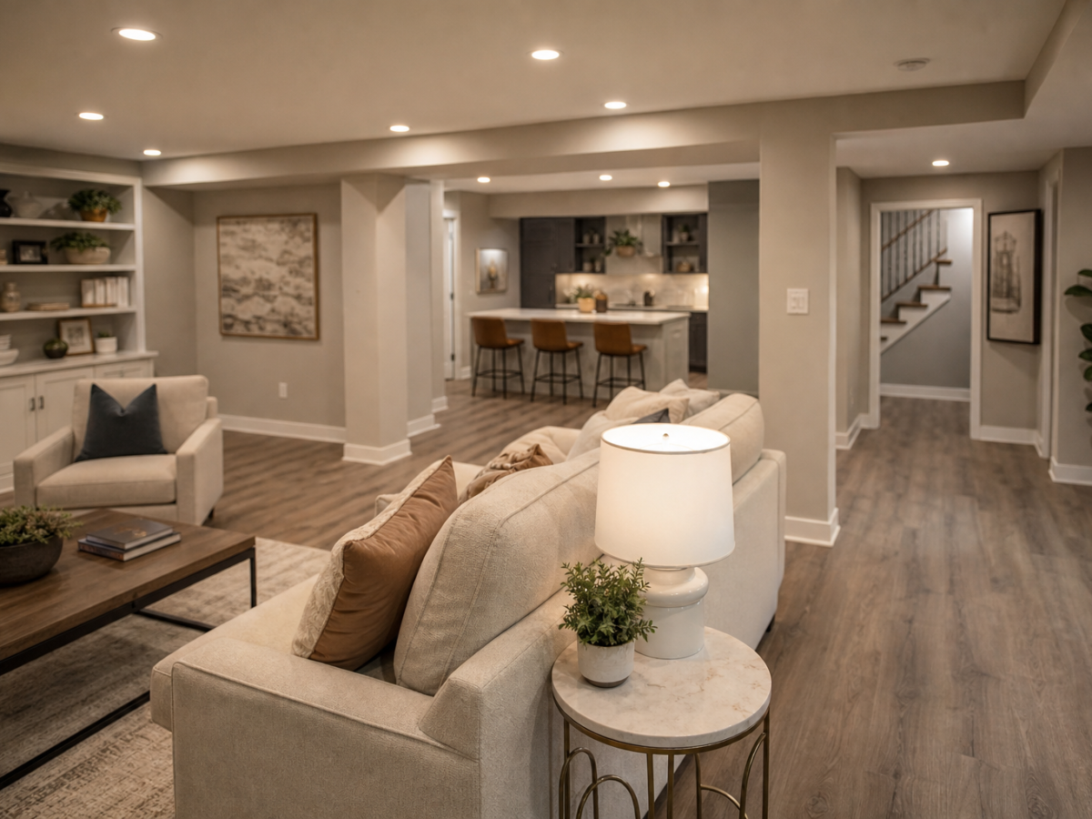 Finished basement living space with recessed lighting and built-in shelving