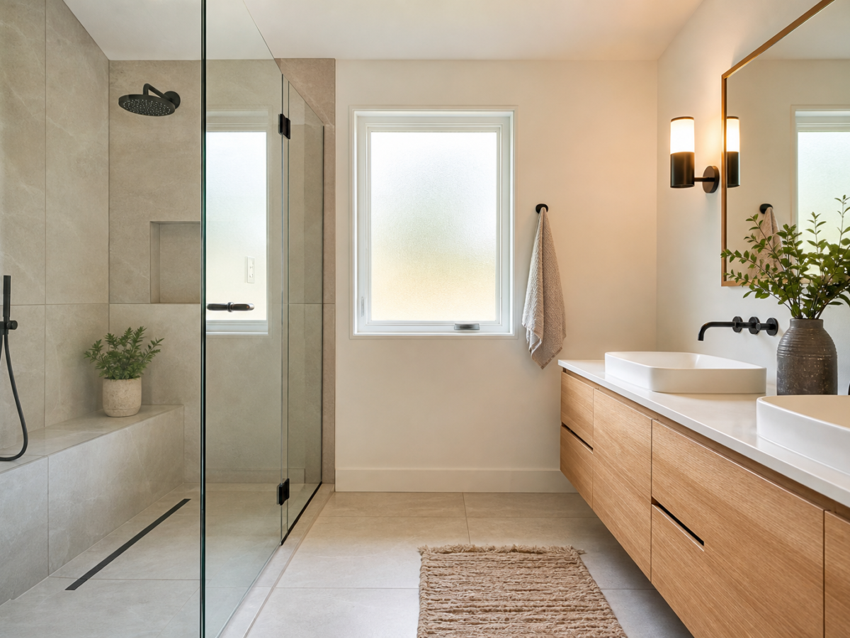 Renovated bathroom with walk-in shower and floating vanity
