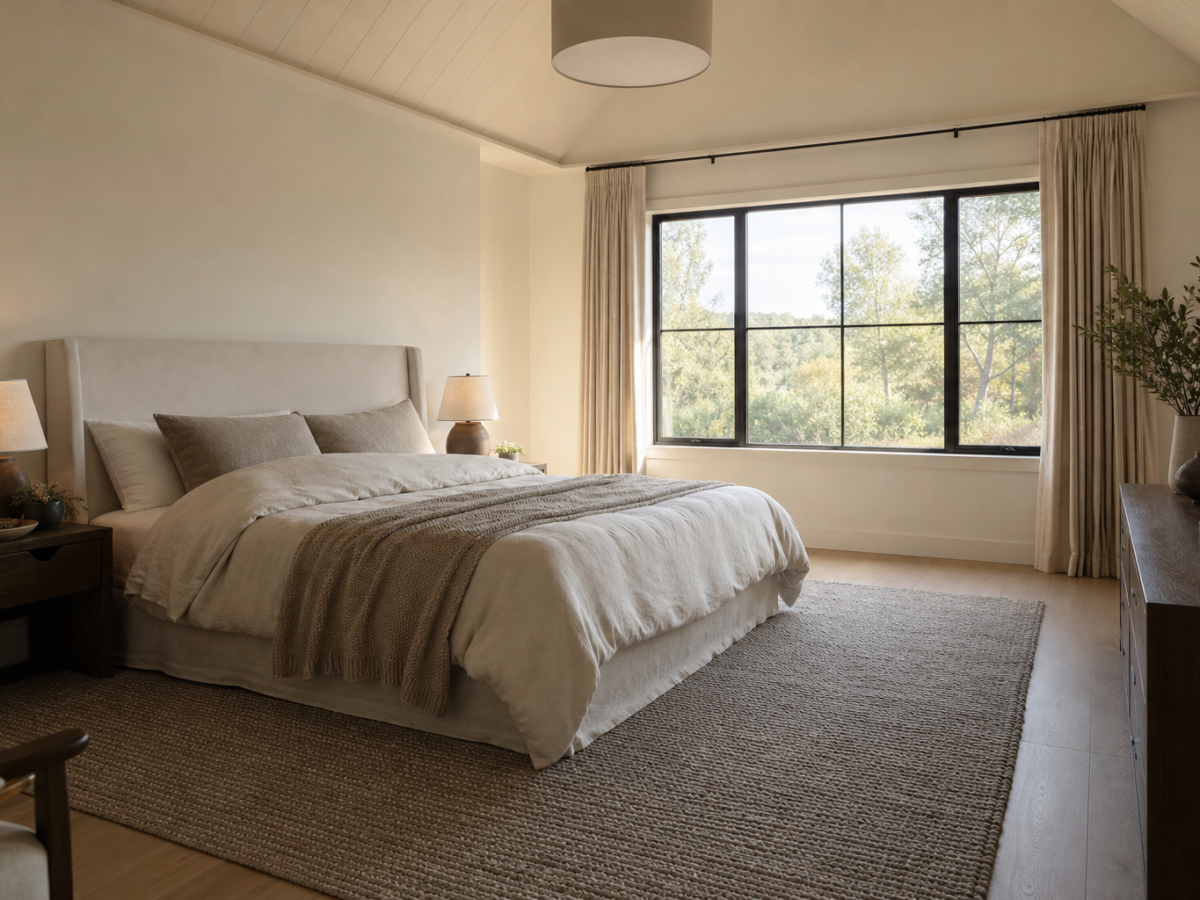 Renovated primary bedroom with wide-plank floors and neutral bedding