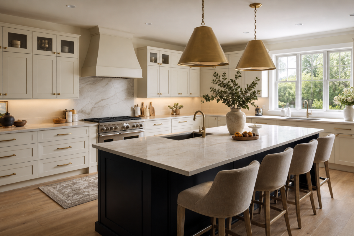 Fully remodeled kitchen with island, pendant lighting and integrated appliances