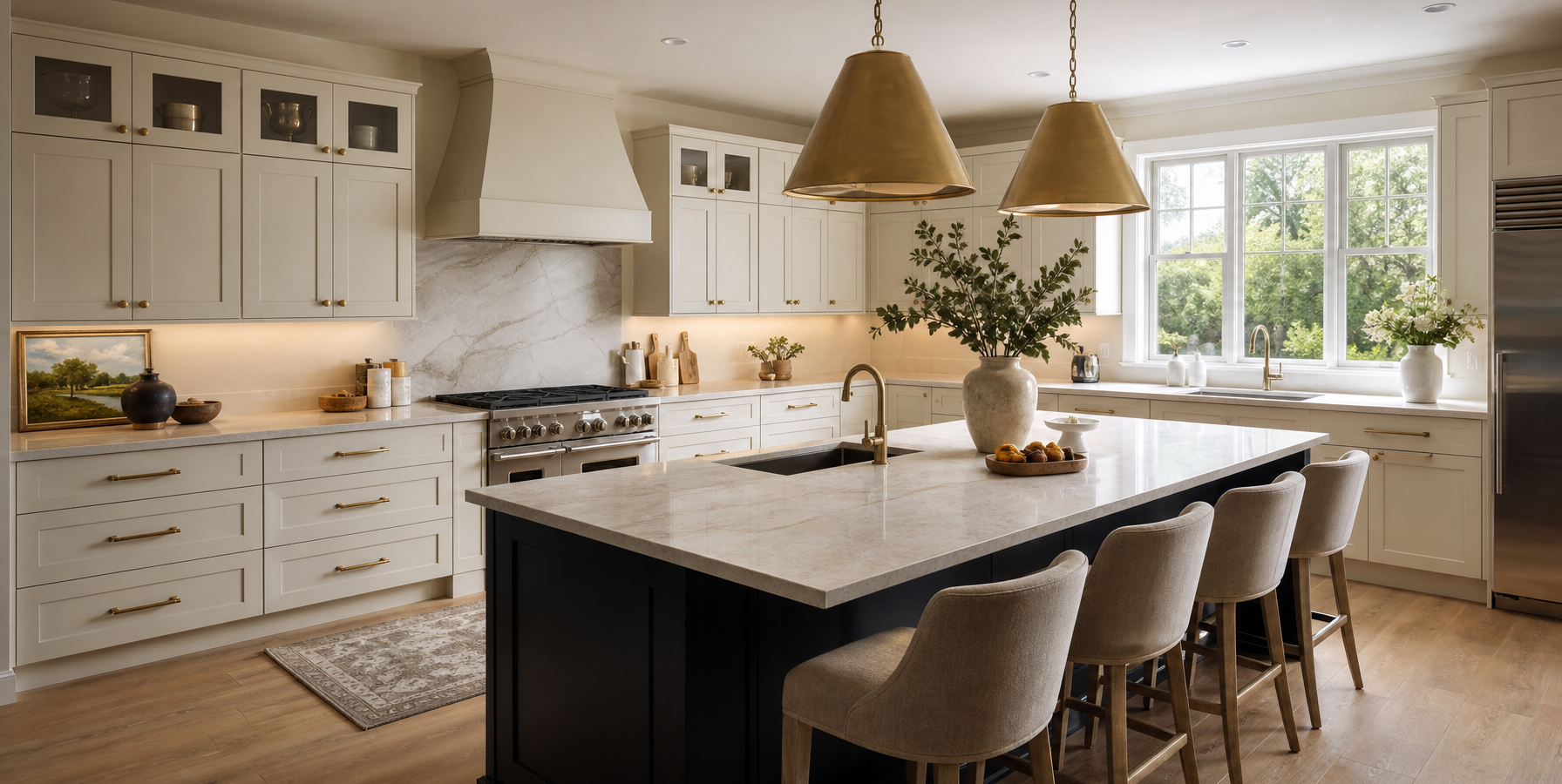 Fully remodeled kitchen with island, pendant lighting and integrated appliances