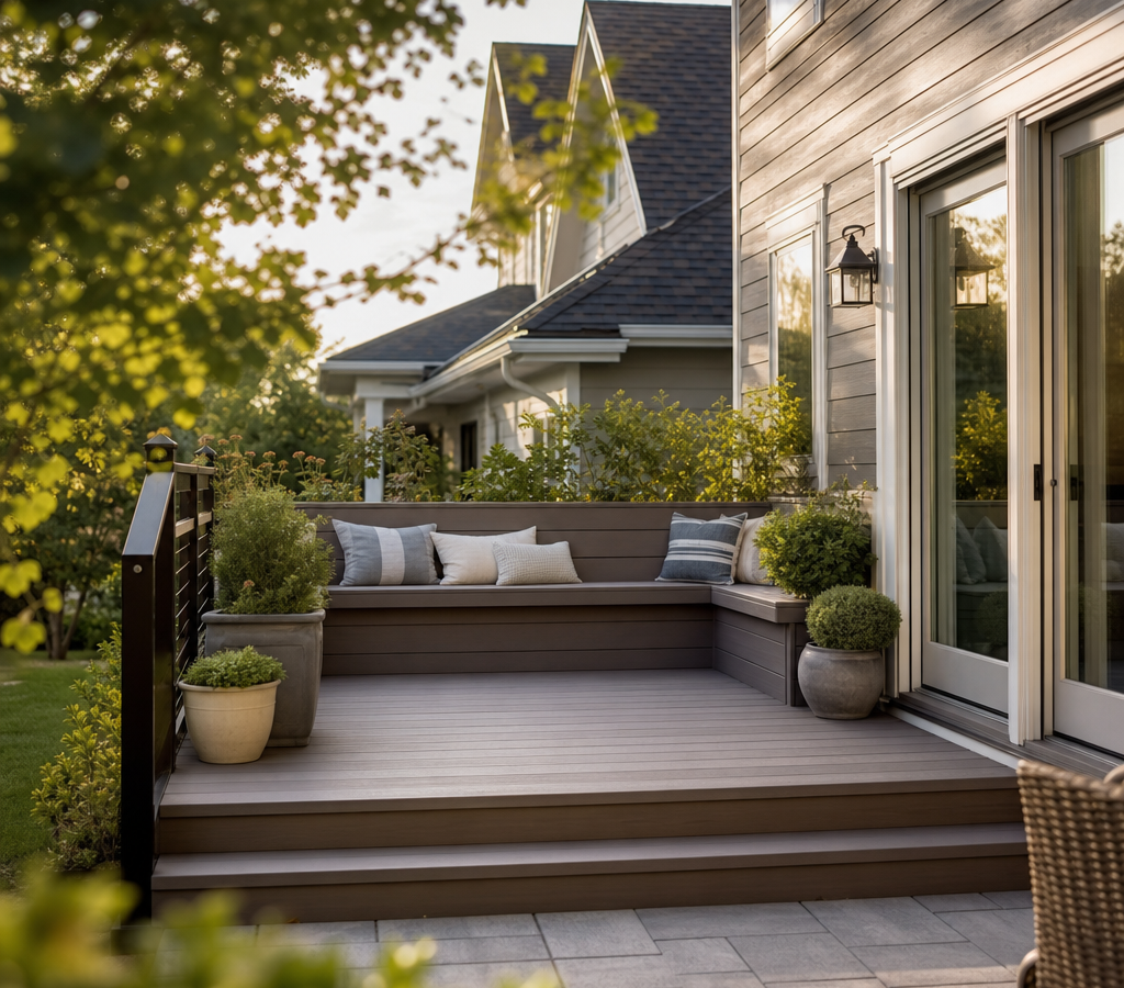 Composite deck with built-in bench seating and planters