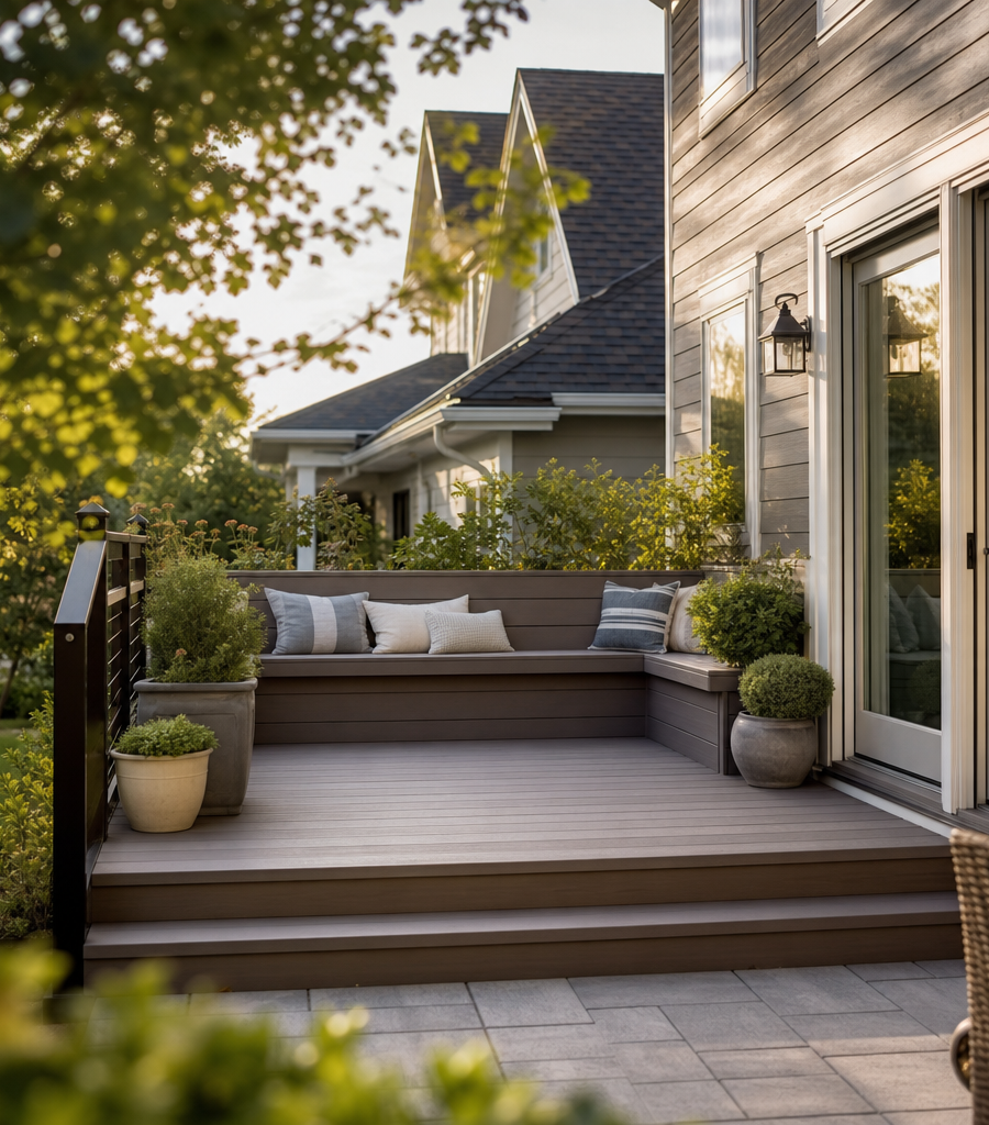 Composite deck with built-in bench seating and planters