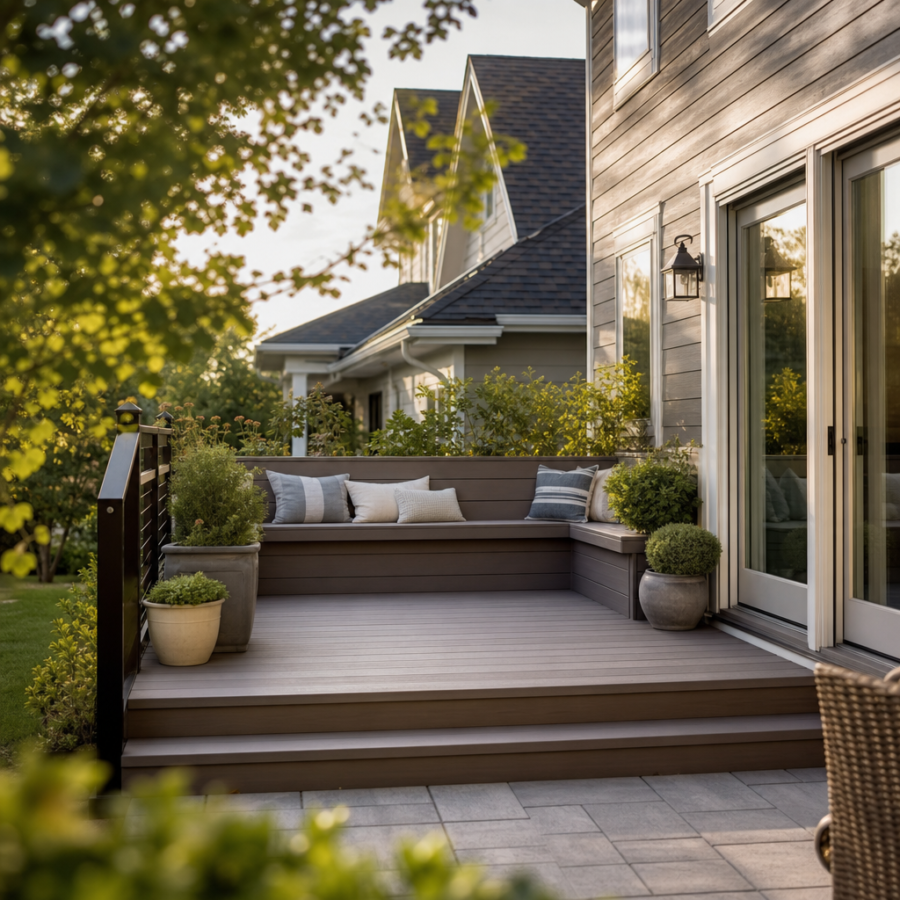 Composite deck with built-in bench seating and planters