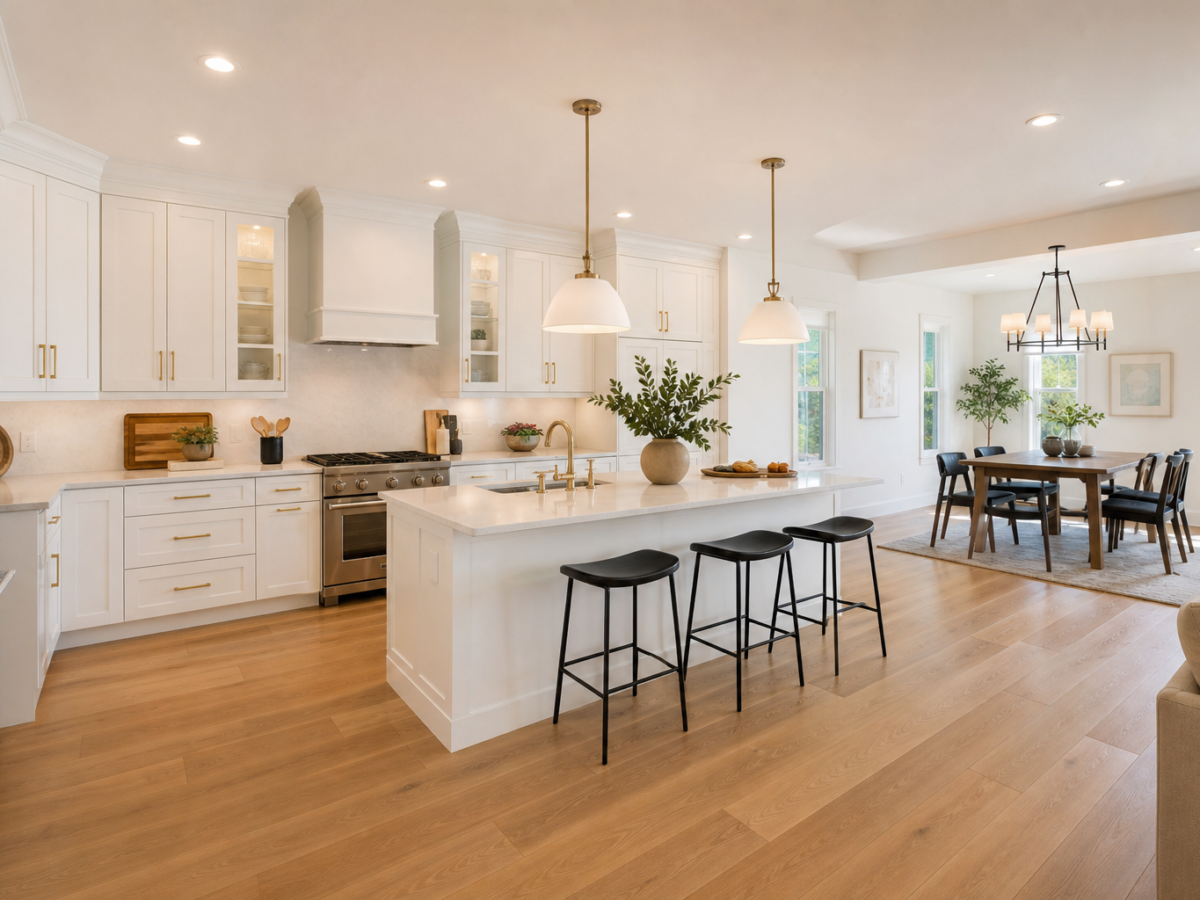 Remodeled open-plan kitchen with white shaker cabinets and quartz island after renovation