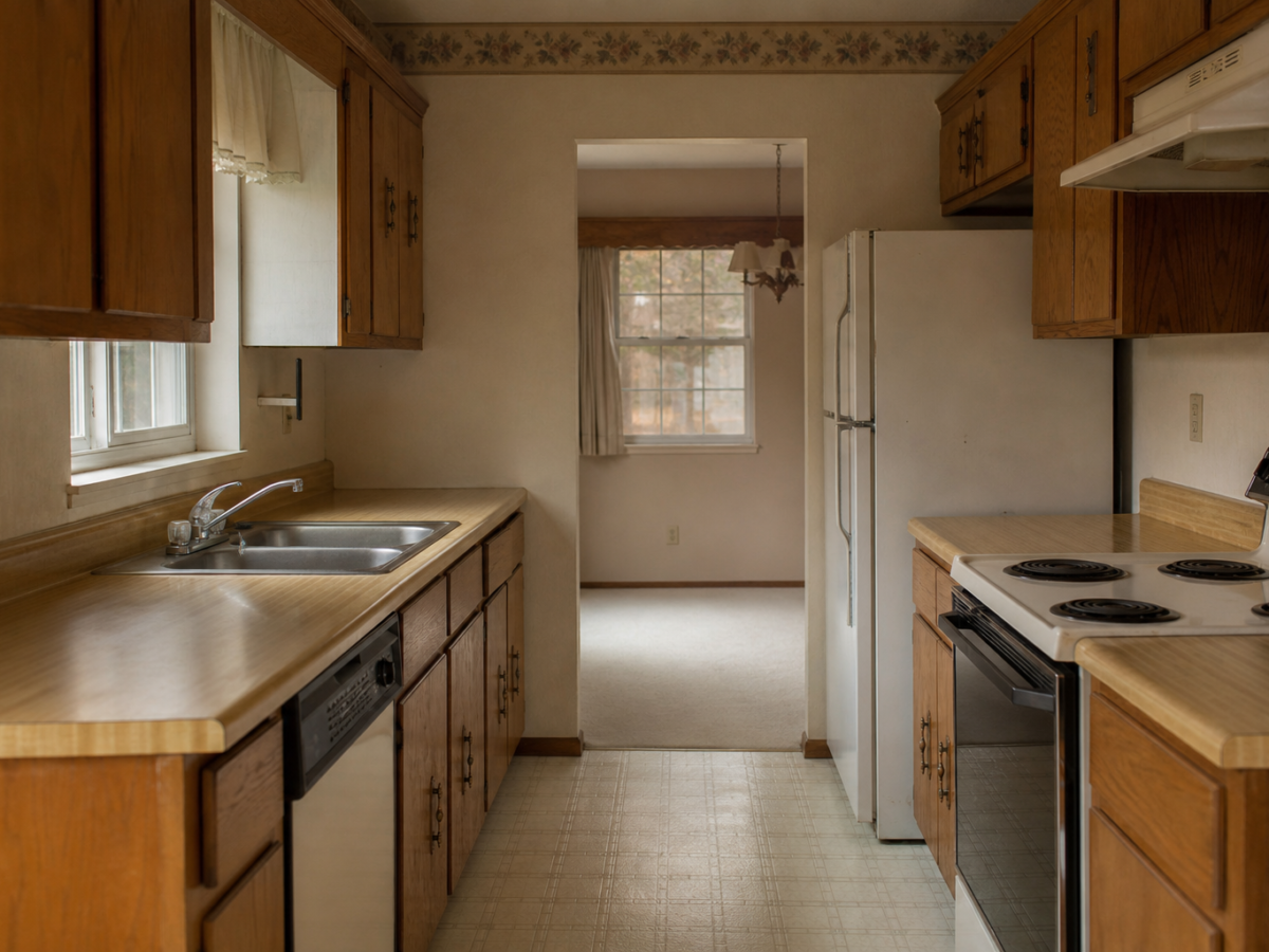 Dated 1990s galley kitchen with oak cabinets and laminate counters before remodel