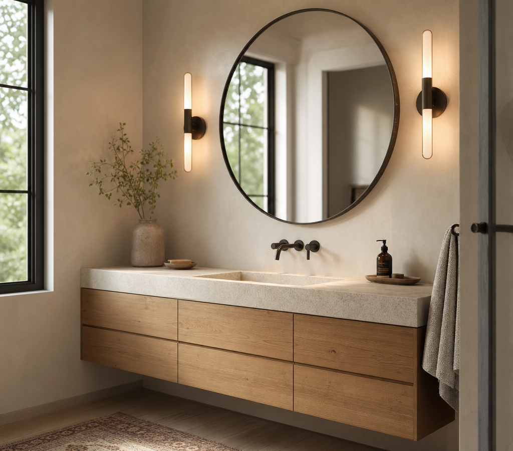 Floating wood bathroom vanity with stone basin and round mirror