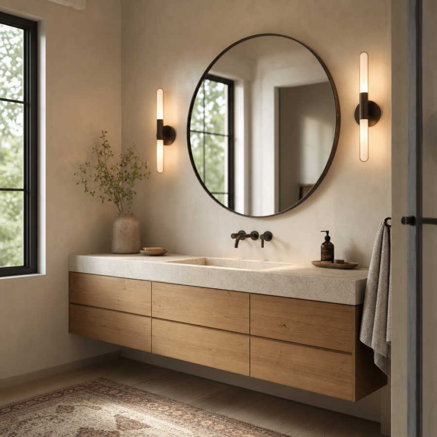 Floating wood bathroom vanity with stone basin and round mirror