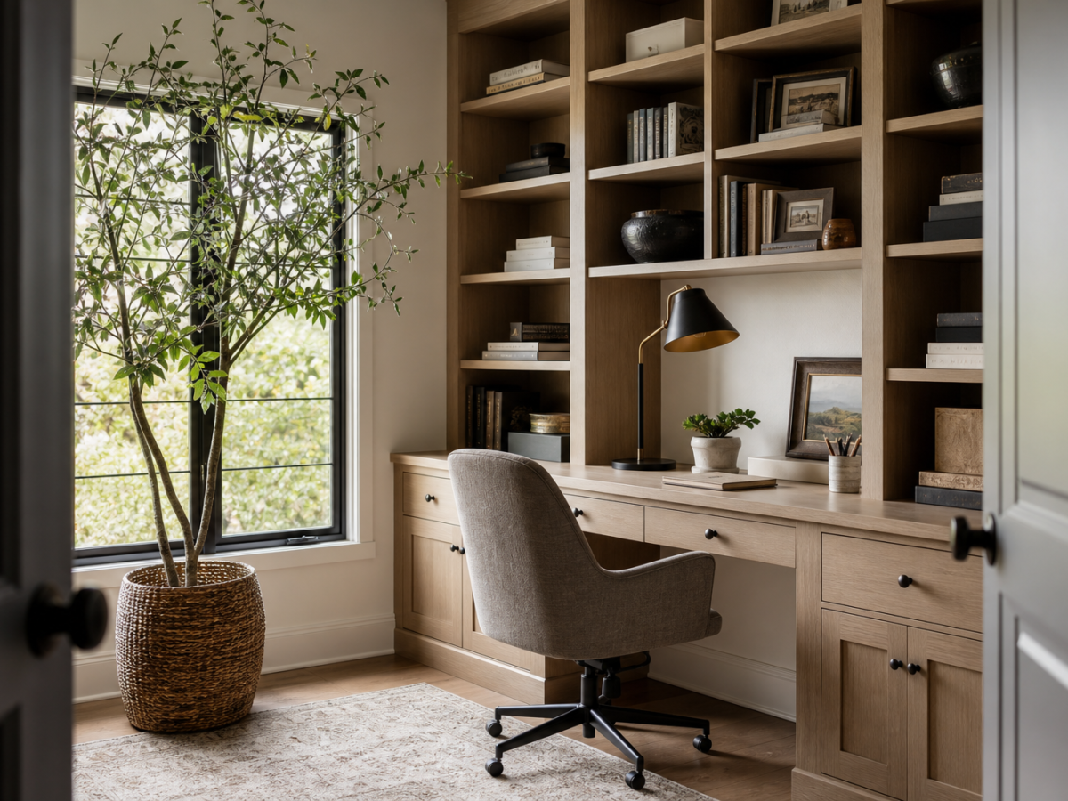 Home office with built-in desk and shelving beside a window