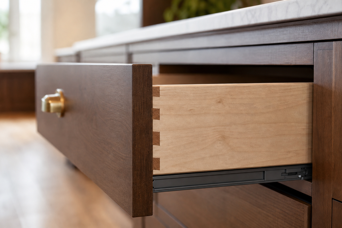 Open kitchen cabinet drawer showing dovetail joinery and plywood construction