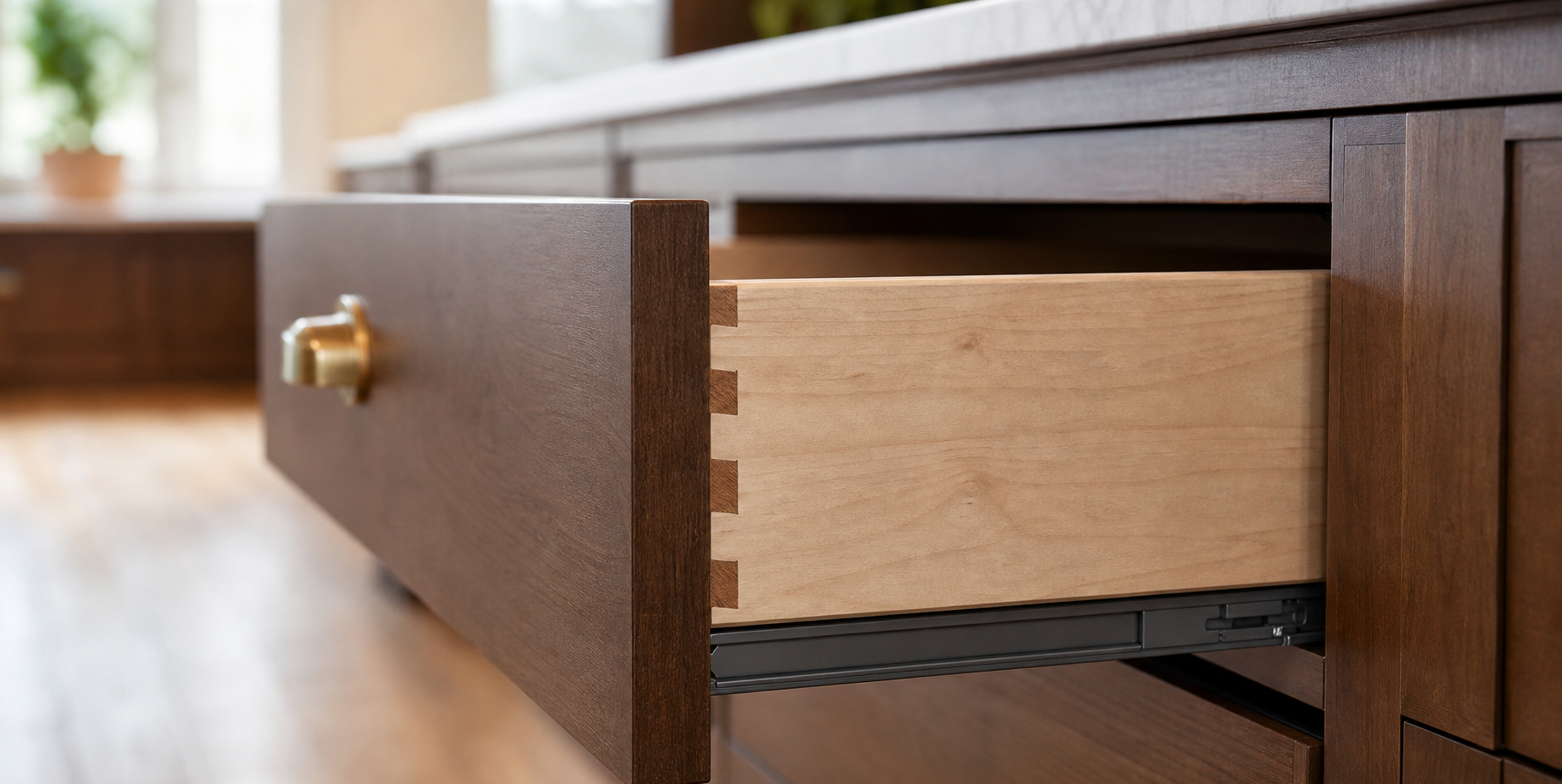 Open kitchen cabinet drawer showing dovetail joinery and plywood construction