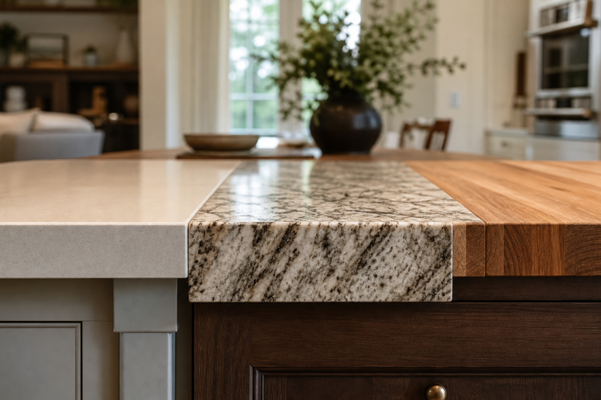 Quartz, granite and butcher block kitchen countertop samples side by side