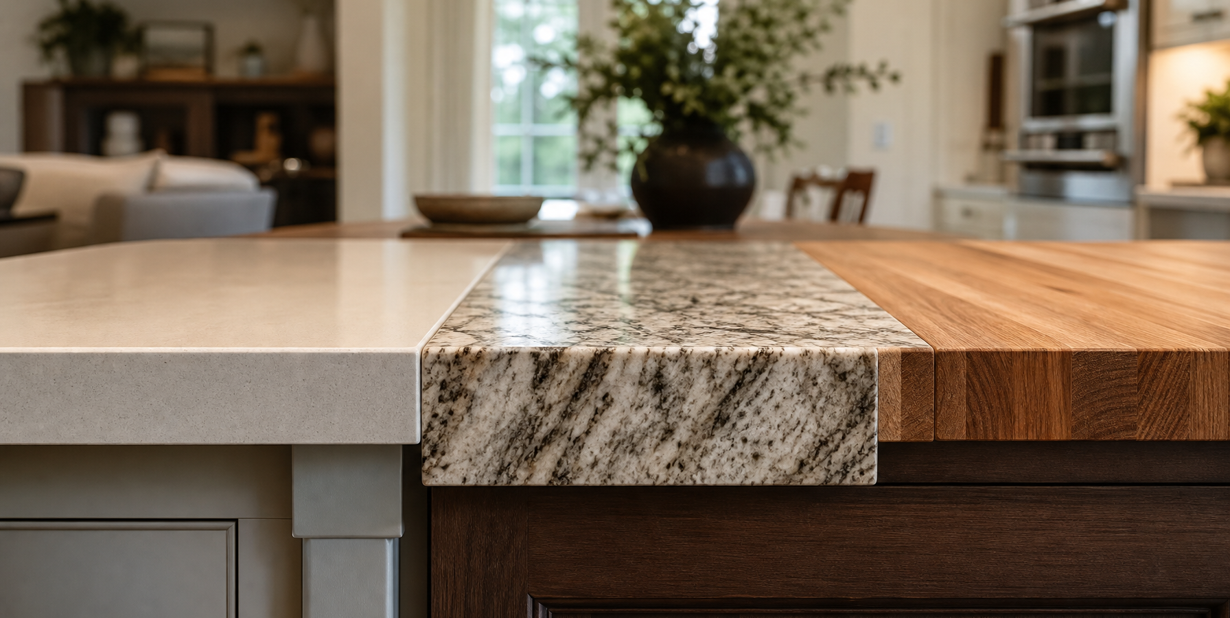 Quartz, granite and butcher block kitchen countertop samples side by side