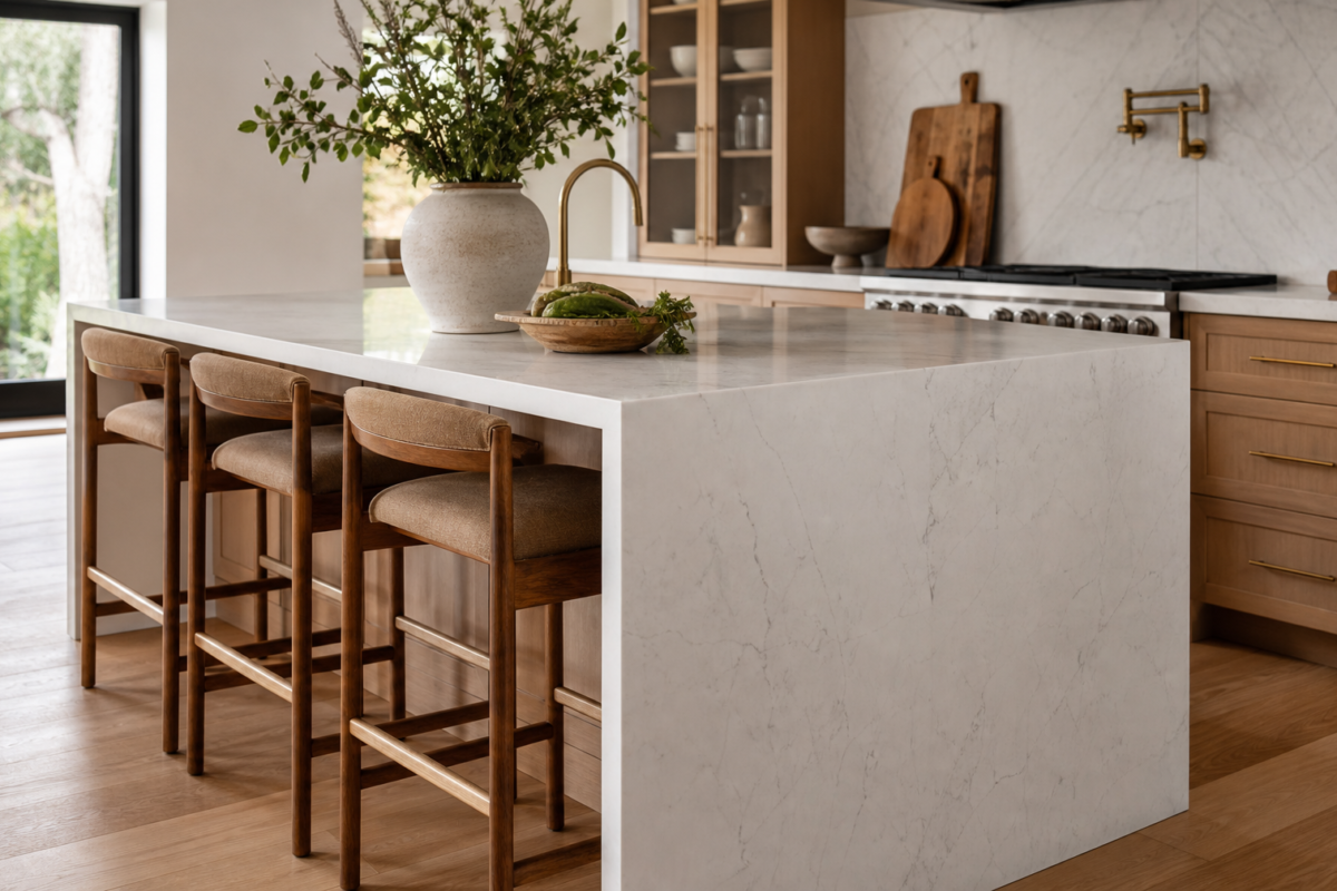 Kitchen island with waterfall stone countertop and seating for three