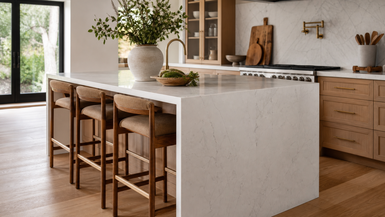 Kitchen island with waterfall stone countertop and seating for three