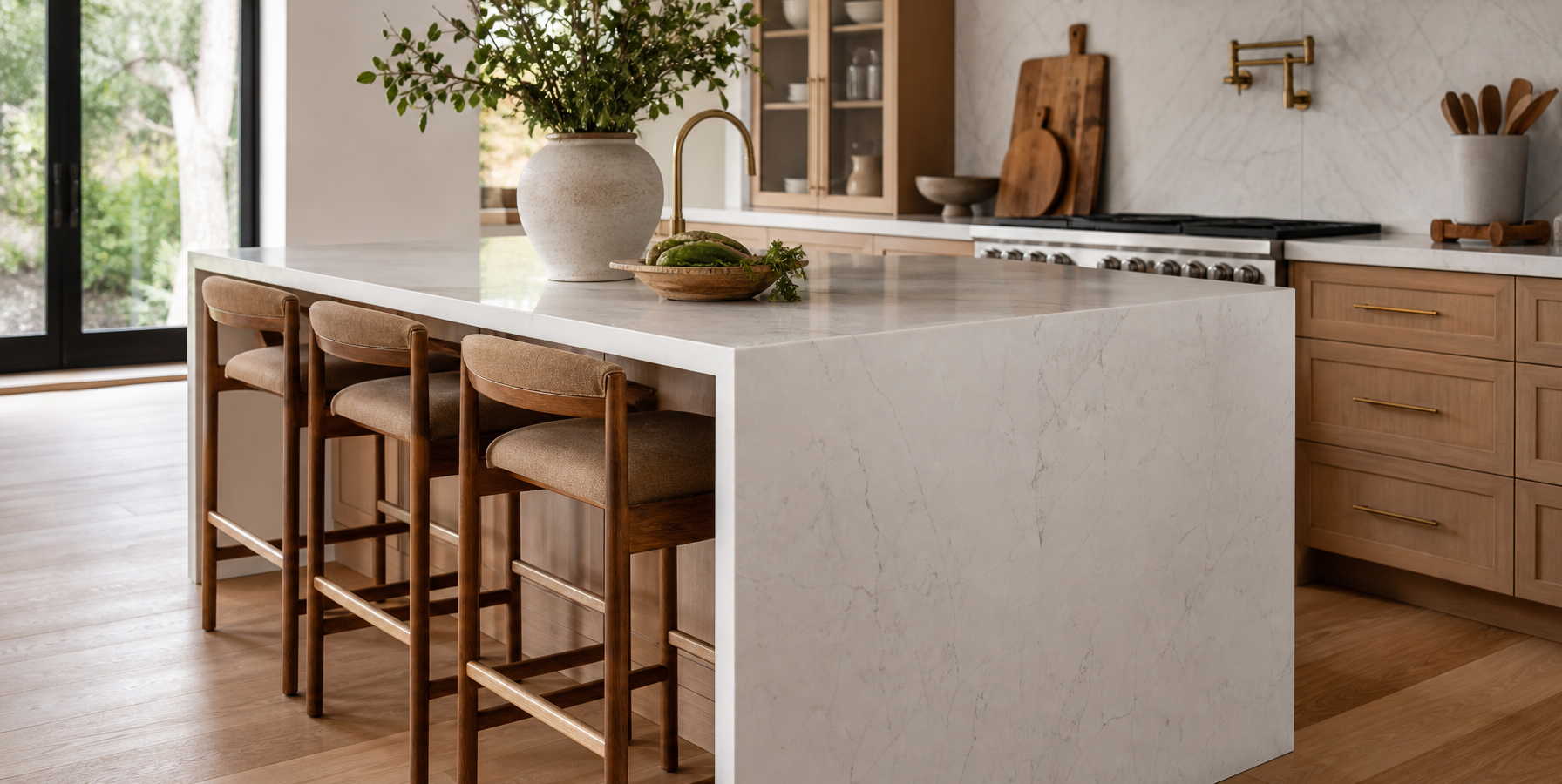 Kitchen island with waterfall stone countertop and seating for three