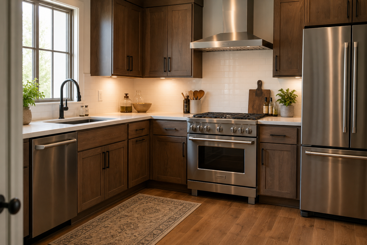L-shaped kitchen layout showing sink, range and refrigerator work triangle