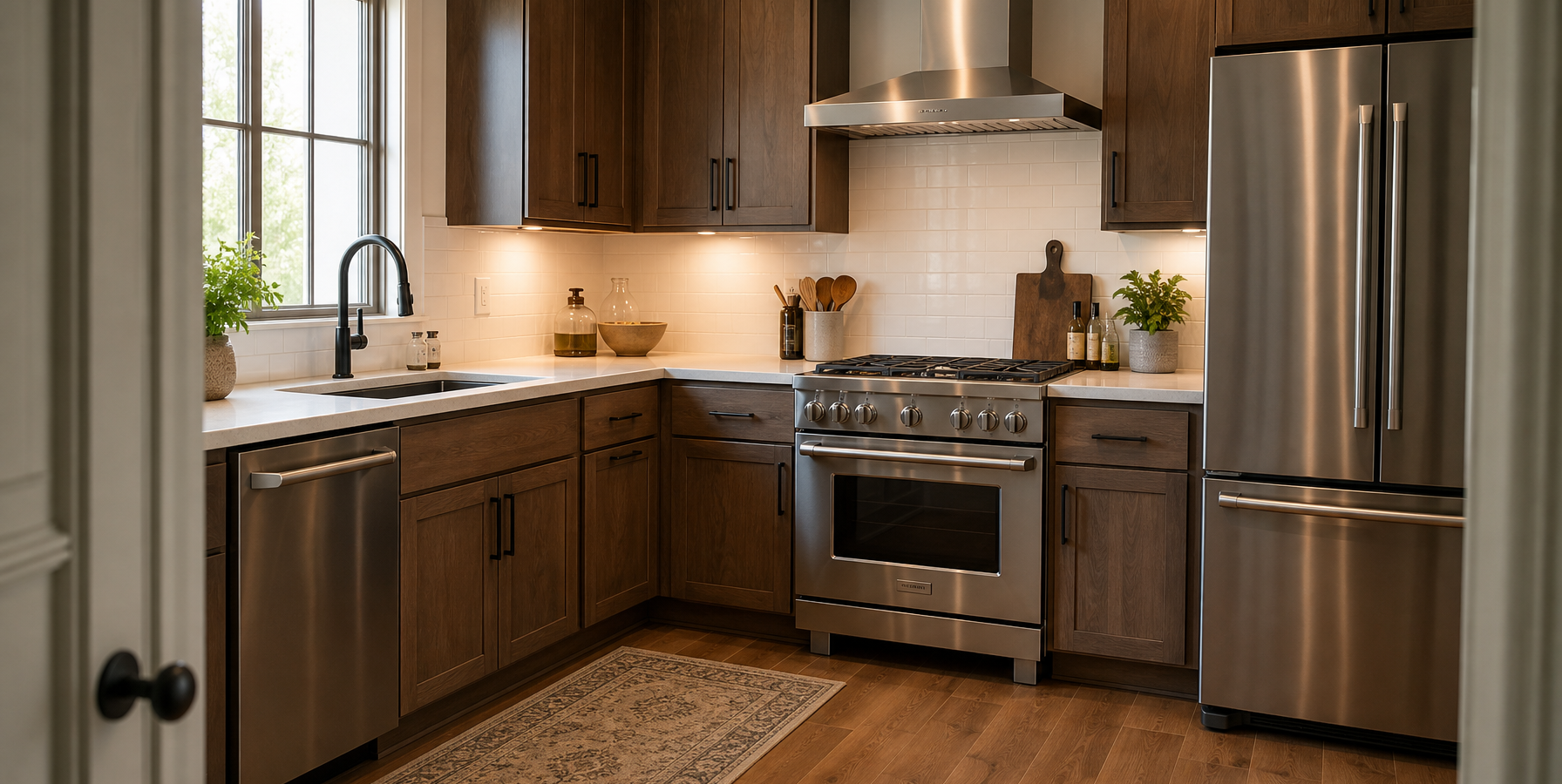 L-shaped kitchen layout showing sink, range and refrigerator work triangle
