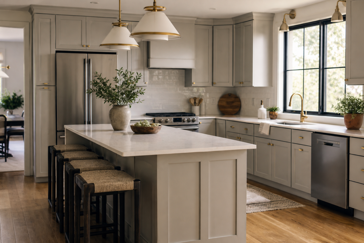 Mid-range remodeled kitchen with shaker cabinets, quartz counters and an oak floor