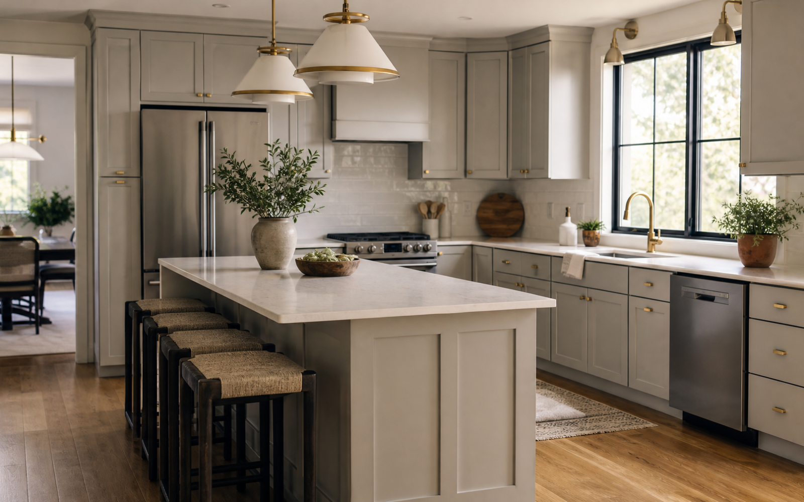 Mid-range remodeled kitchen with shaker cabinets, quartz counters and an oak floor