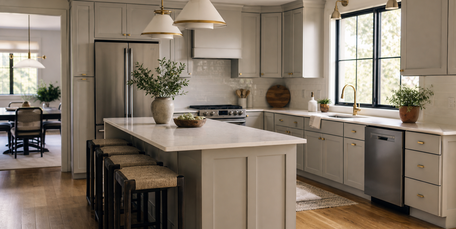 Mid-range remodeled kitchen with shaker cabinets, quartz counters and an oak floor