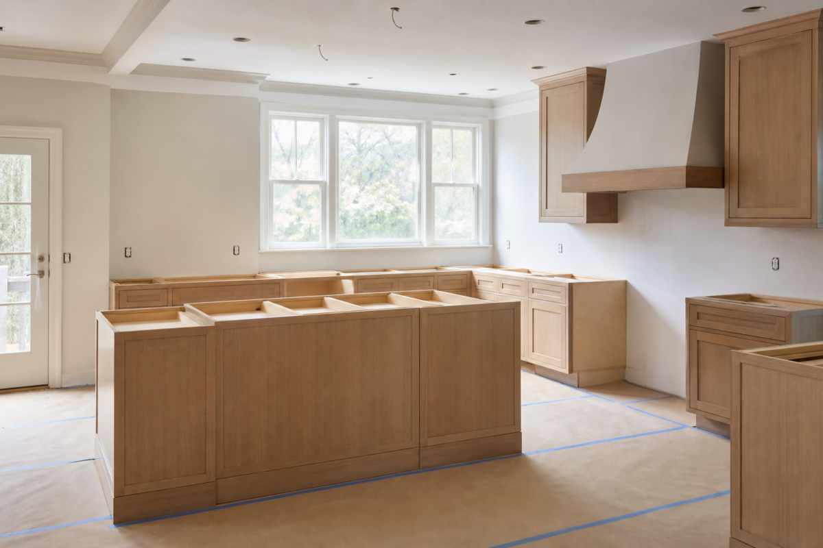 Kitchen remodel in progress with cabinets installed and countertops pending
