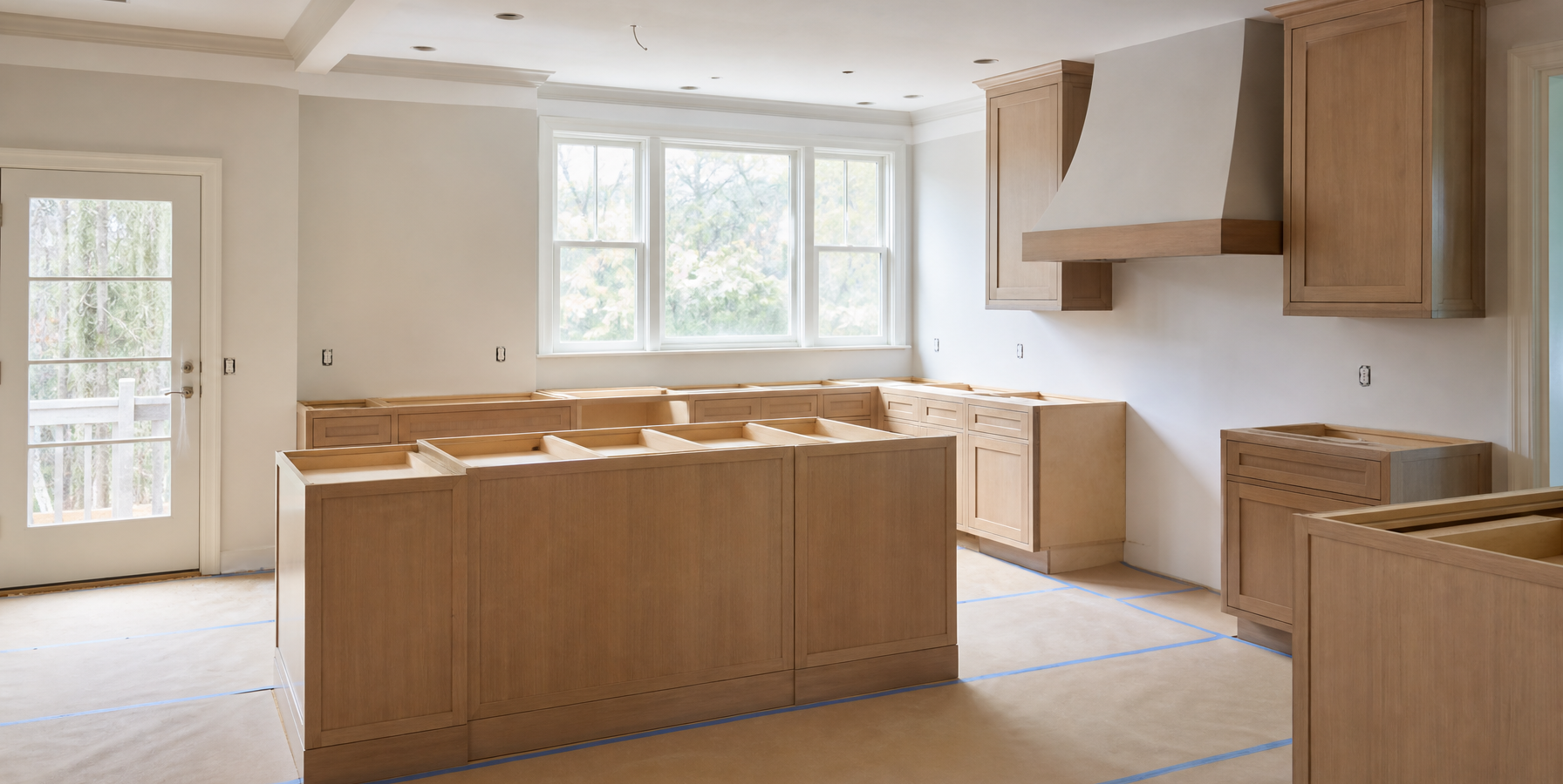 Kitchen remodel in progress with cabinets installed and countertops pending