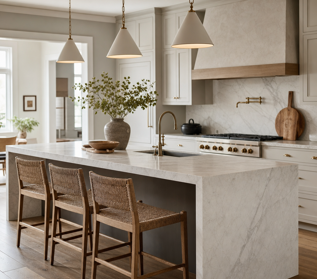 Marble kitchen island with waterfall edge and woven stools