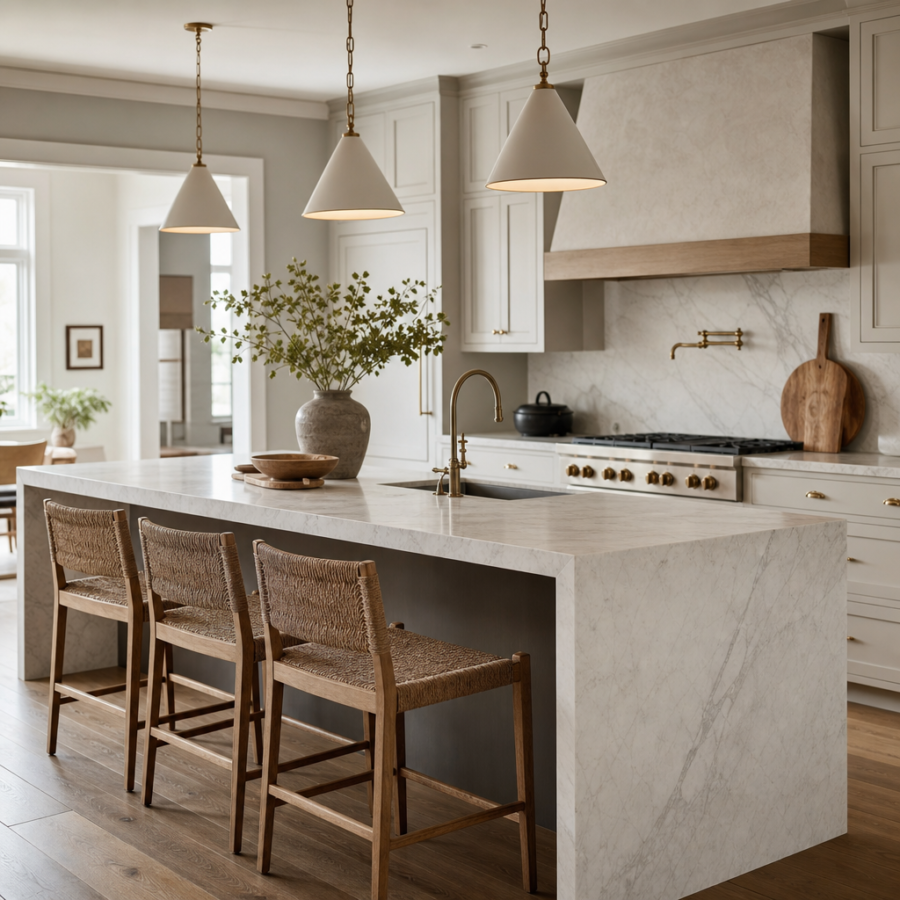 Marble kitchen island with waterfall edge and woven stools