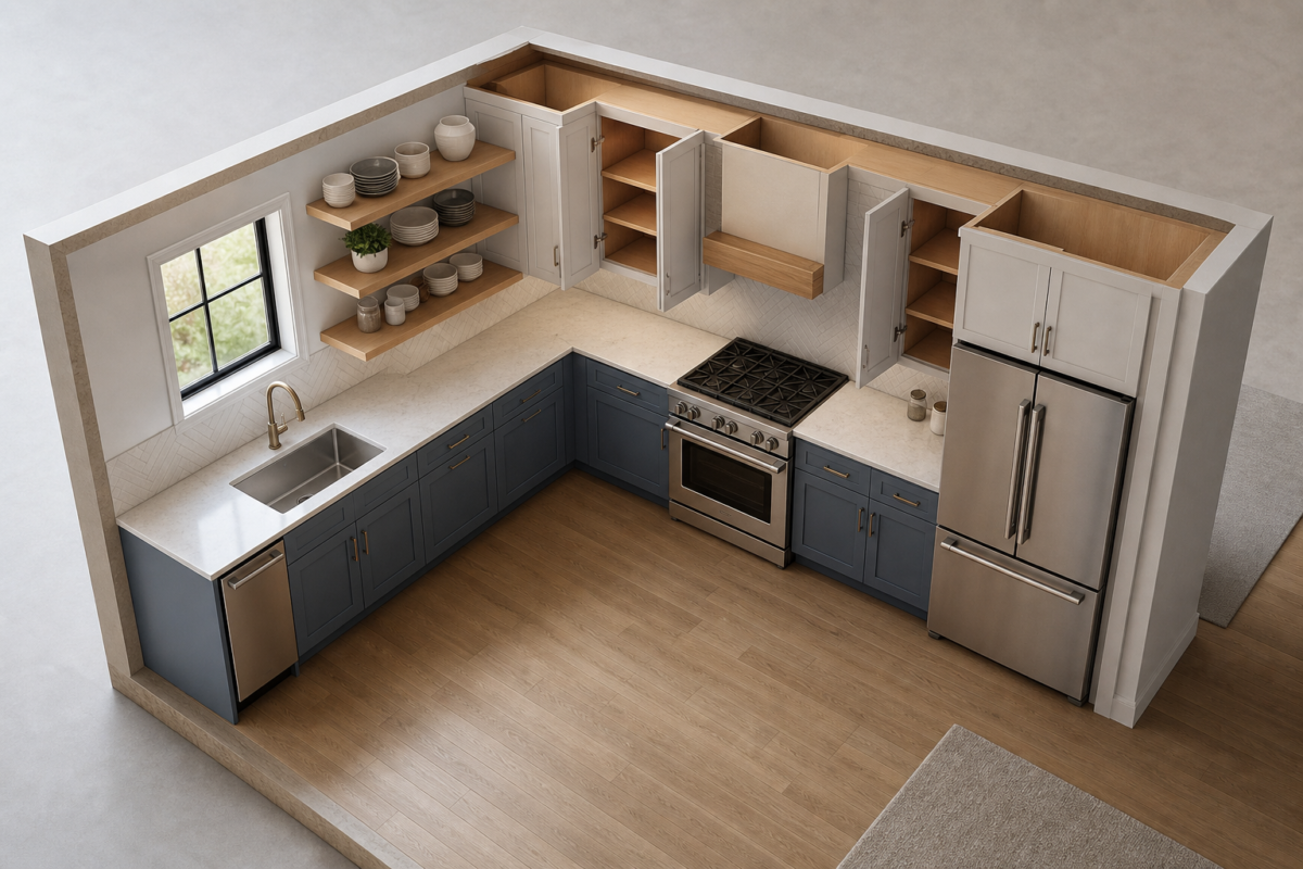 open shelving and upper cabinets actually are - open shelving vs cabinets