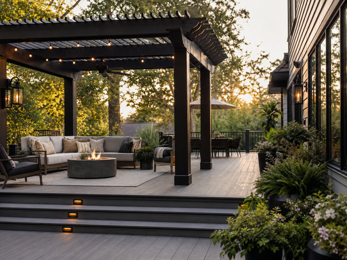Outdoor deck living area with pergola and seating