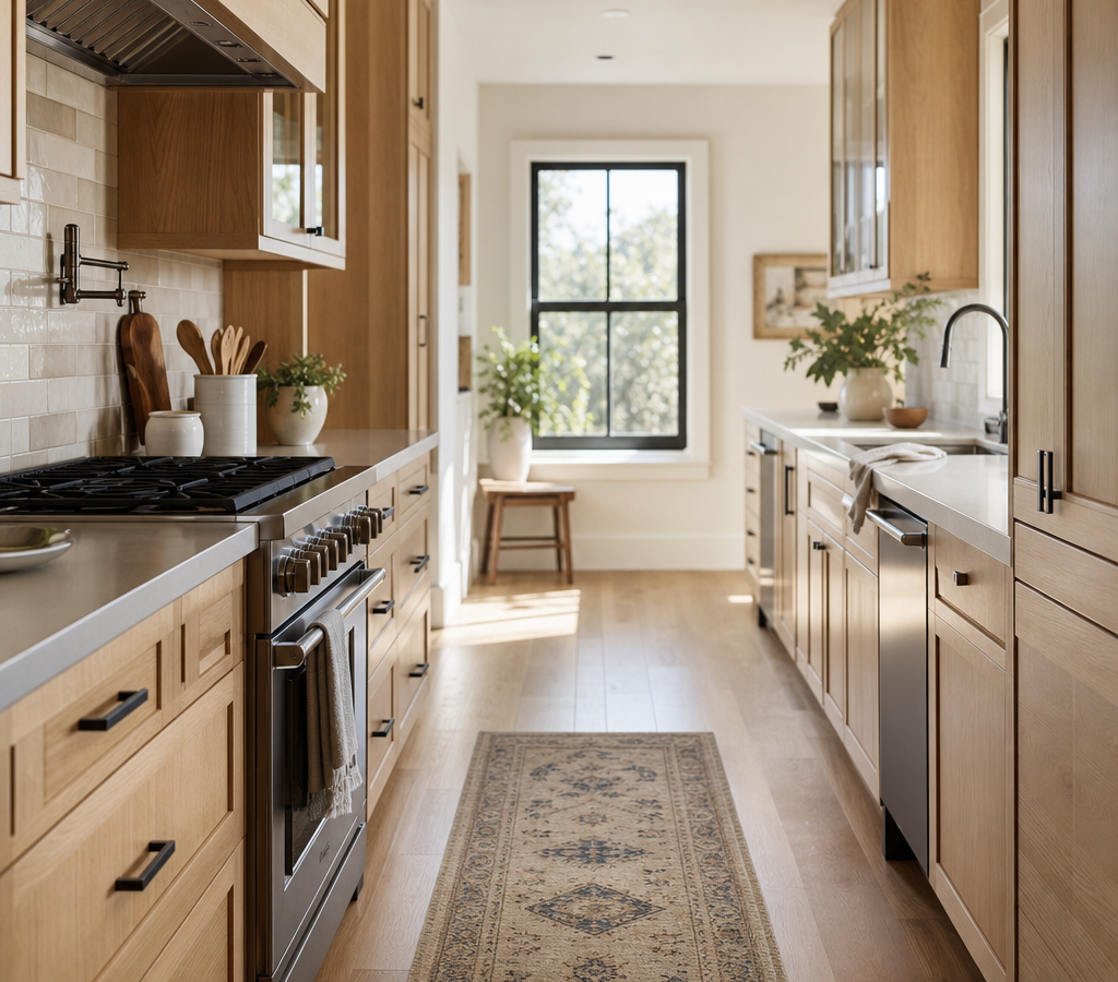 Warm oak galley kitchen with cabinetry on both walls
