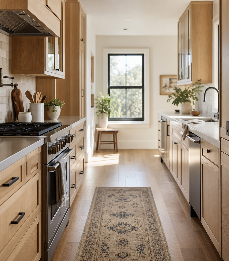 Warm oak galley kitchen with cabinetry on both walls