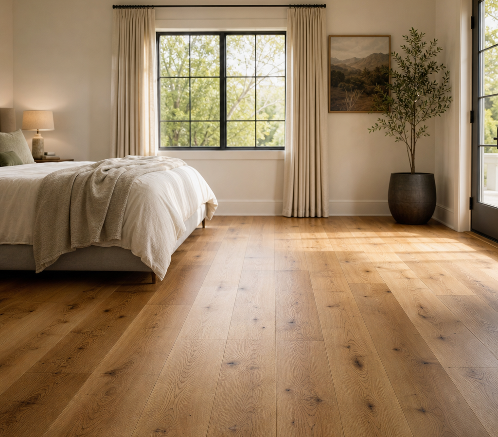 Wide-plank oak flooring in a sunlit bedroom