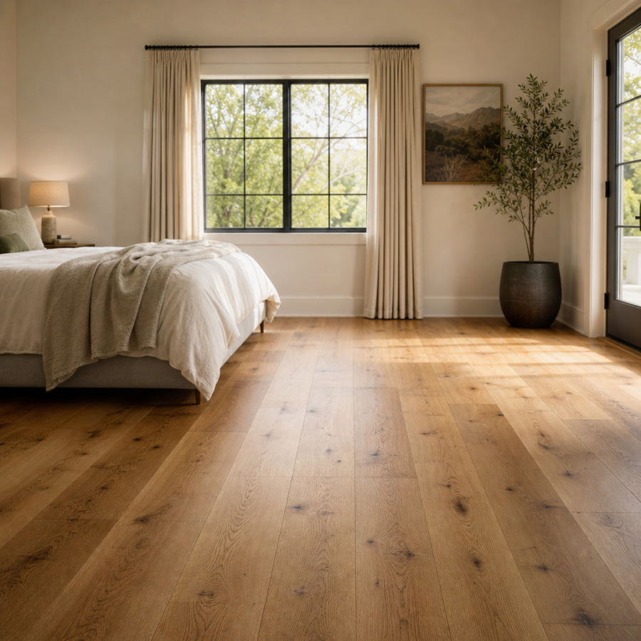 Wide-plank oak flooring in a sunlit bedroom