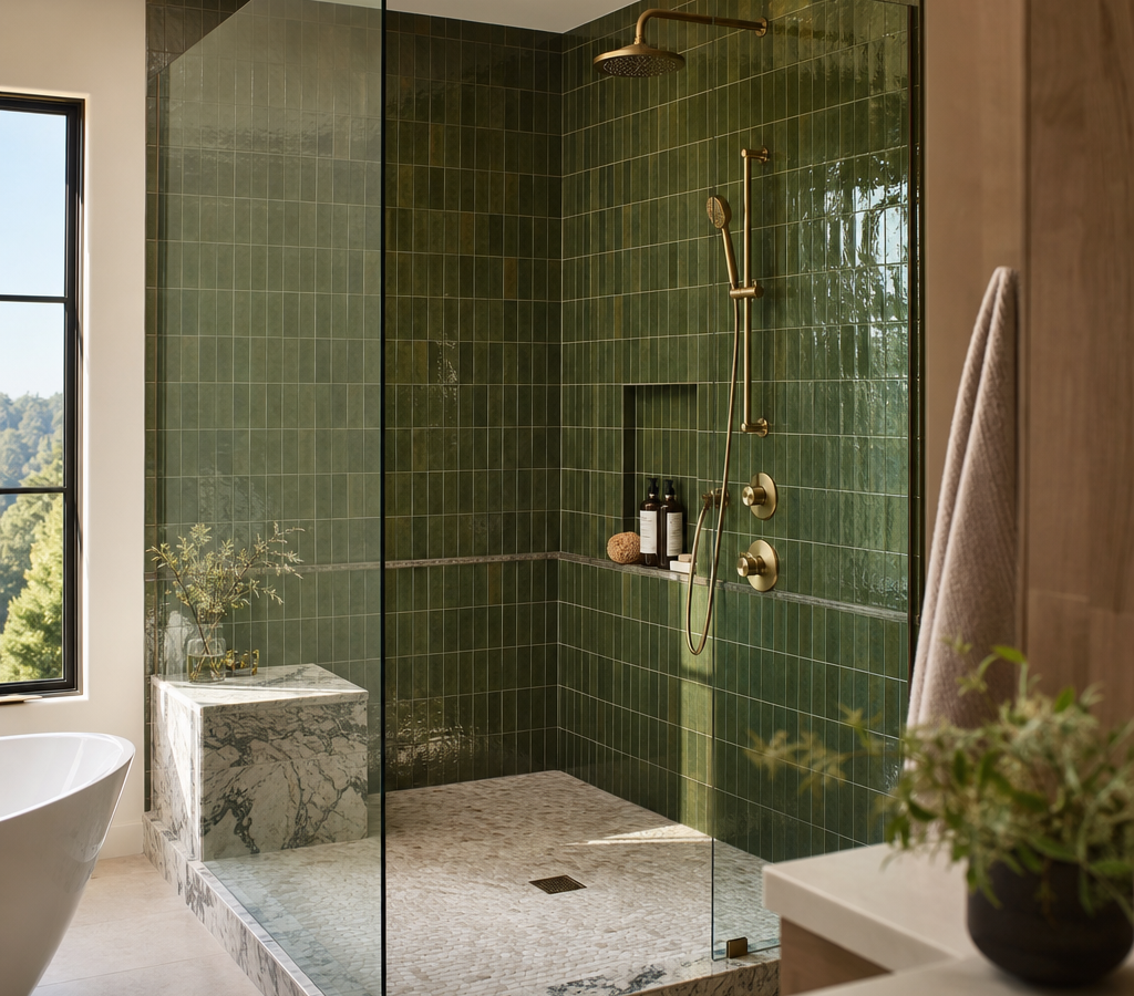 Wet room shower tiled in glossy green zellige with brass fixtures