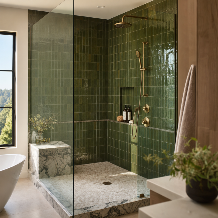 Wet room shower tiled in glossy green zellige with brass fixtures